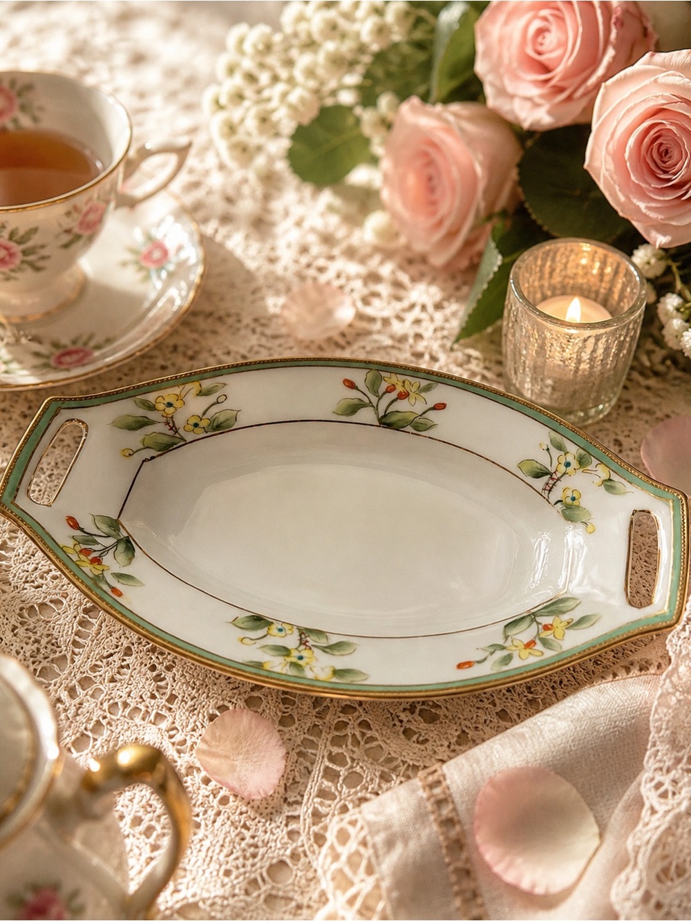 Hand Painted Nippon Relish Dish Floral Gold Trim Vintage Japan
